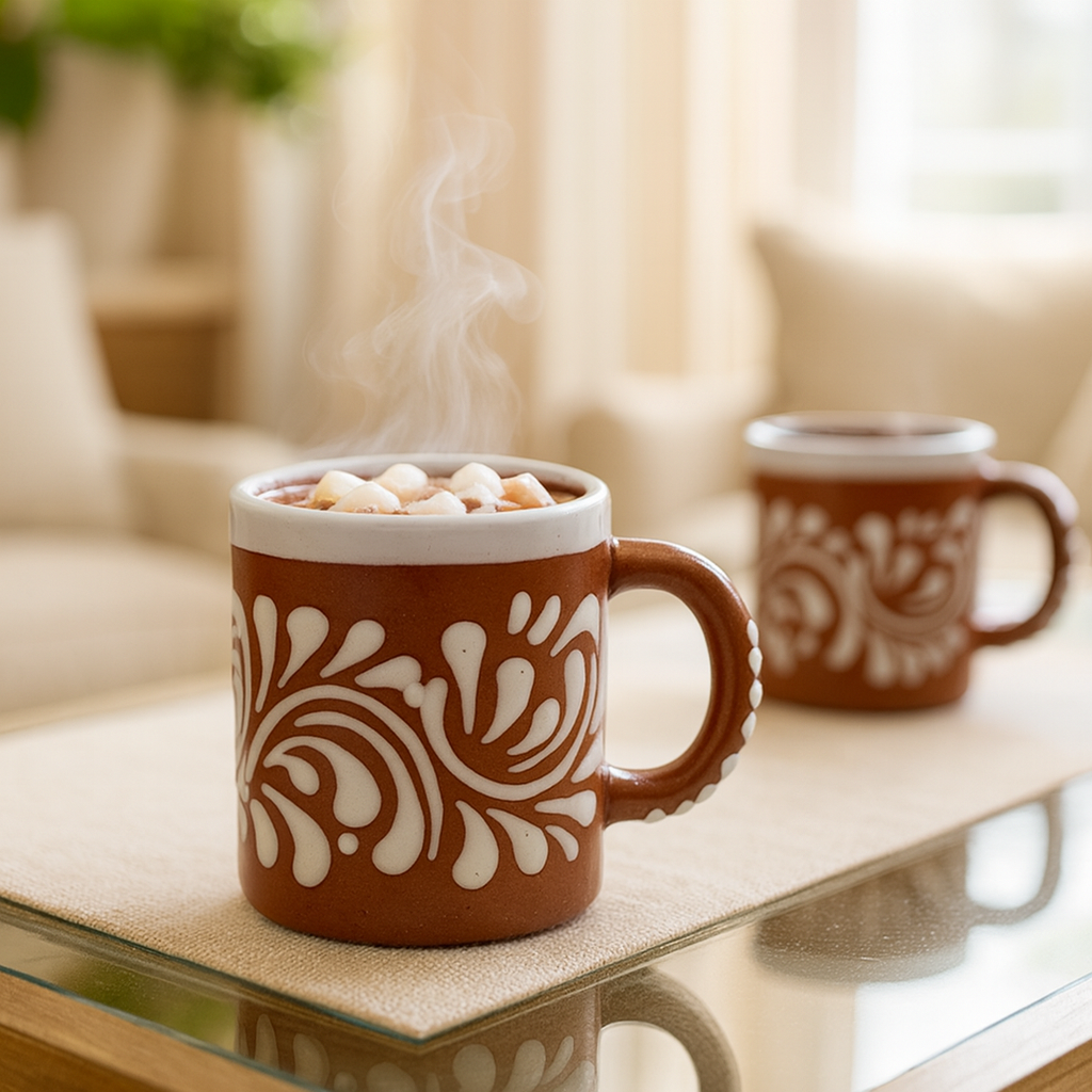 Talavera Brown & White Lead-Free 14 oz Mug Set of 2 (4x4 inches)