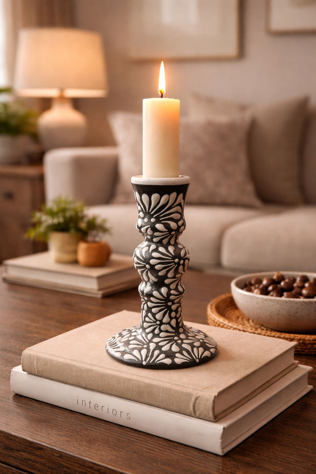 Talavera Candle Holder | Hand Painted Decorative Candlestick | Black & White
