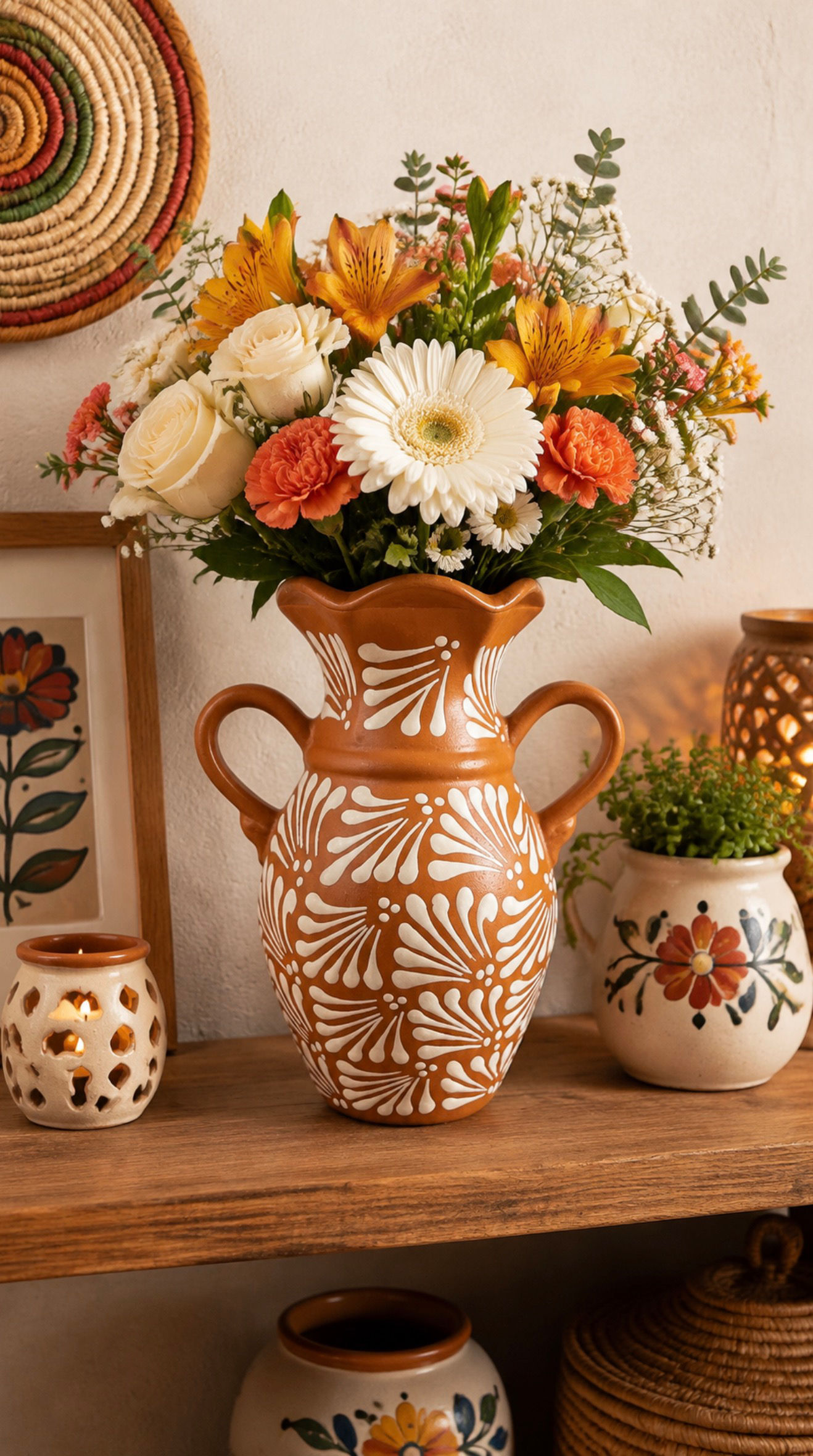Hand Painted Talavera Flower Vase With Handles | Brown & White