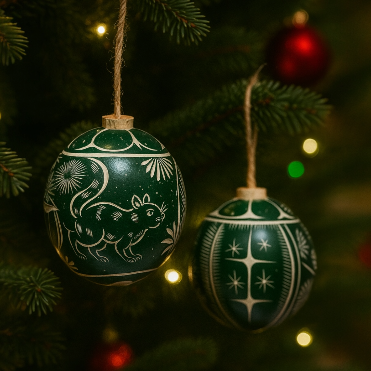 Hand-Carved Green Jícara Christmas Ornaments Set of 2 