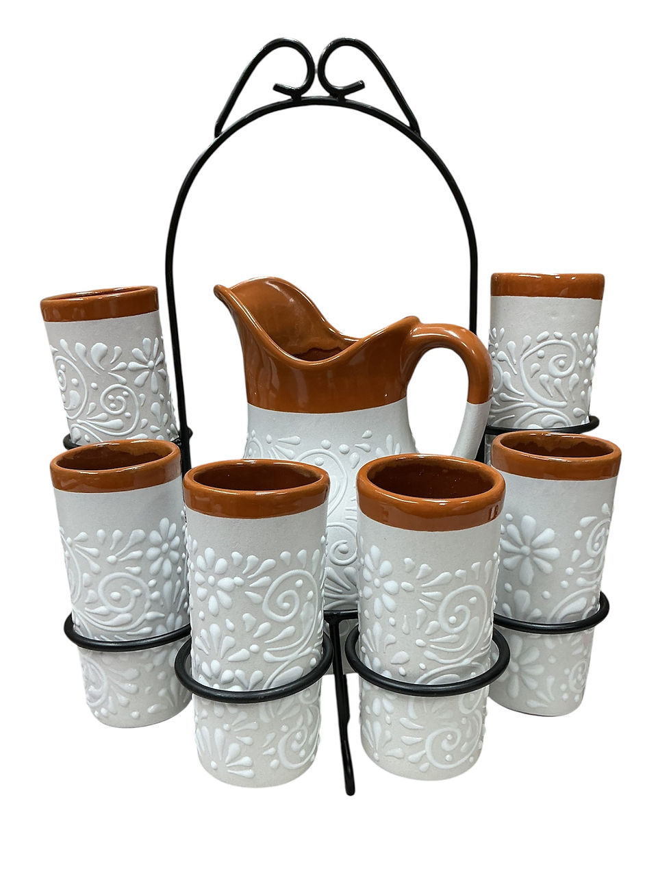 Thumbnail:  Talavera Drinkware Set | Pitcher, 6 Glasses, & Metal Stand | Brown & White