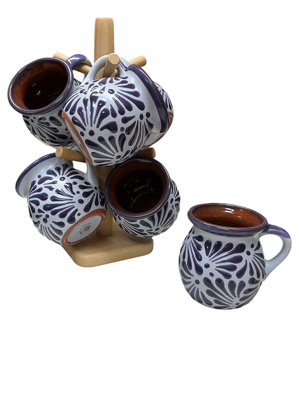 Thumbnail: Set of 6 Handcrafted Talavera Jarrito Mugs with Wooden Stand  | Purple Color