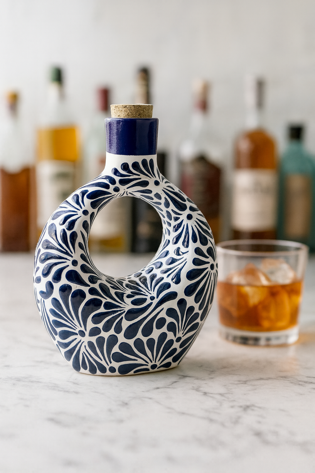 Talavera Floral Blue/White Liquor Dispenser W/ Cork Plug– 8.5x6.5” (25oz) 