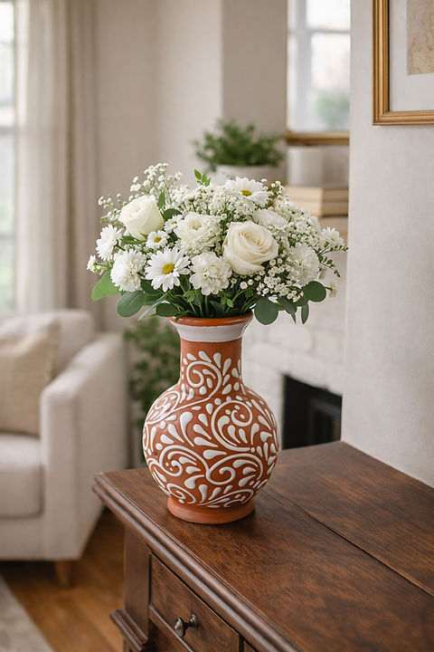 Talavera Brown & White Flower Vase – Lead Free – 8x5” – Embossed