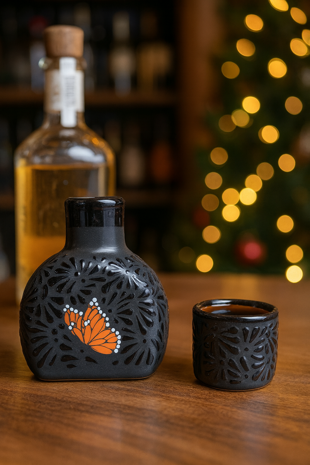 talavera black 7.5x6 30oz lead free butterfly tequilero