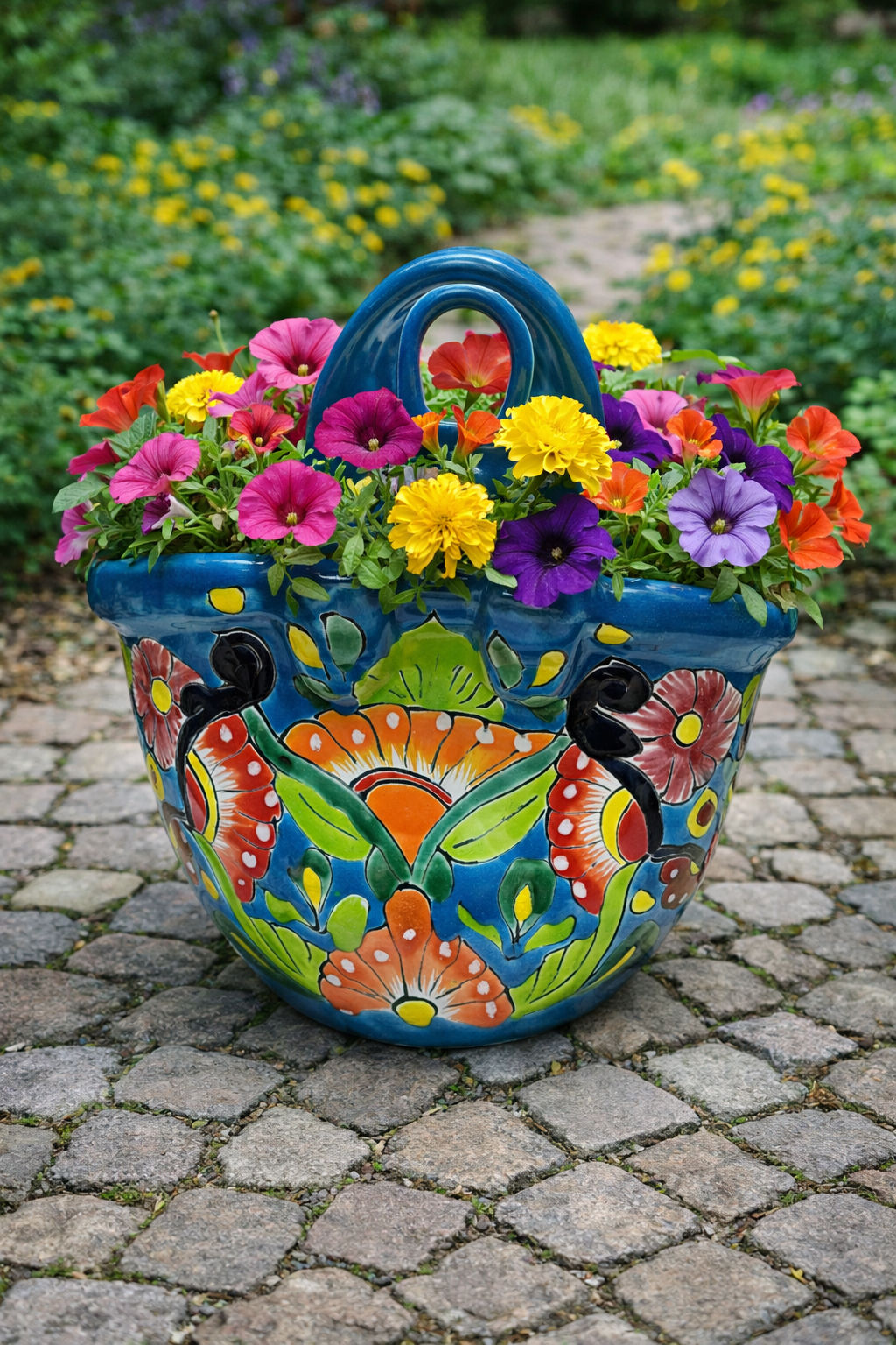 Handmade Talavera Garden Planter with Handle | Blue Multi Color