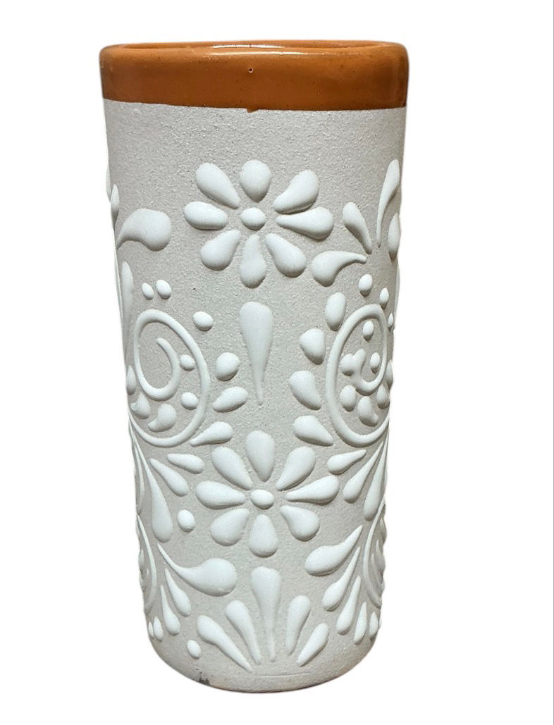 Thumbnail: Set of 12 | White Embossed Floral Vases with Brown Rim