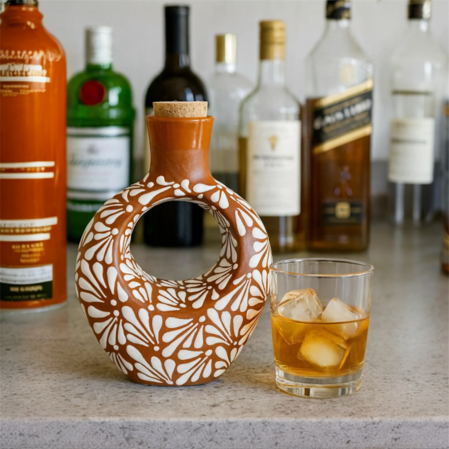 Handcrafted Talavera Mexican tequilero (liquor dispenser) | brown and white