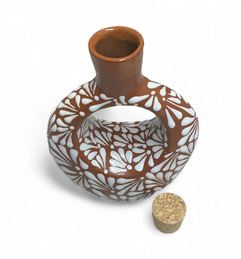 Thumbnail: Handcrafted Talavera Mexican tequilero (liquor dispenser) | brown and white 
