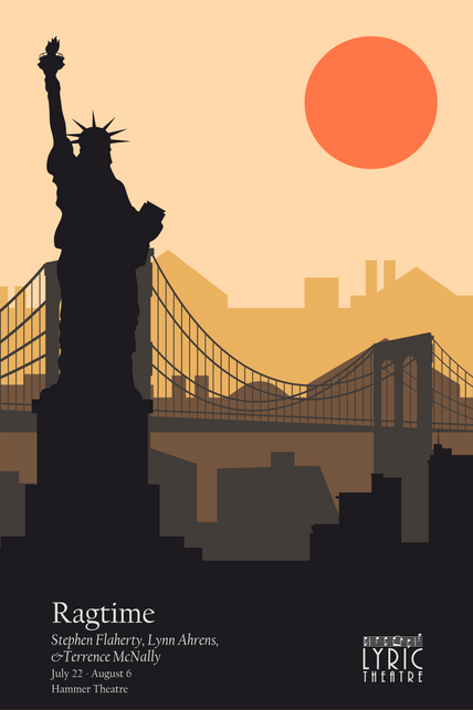 Illustration of New York City in a warm haze, with a red-orange sun