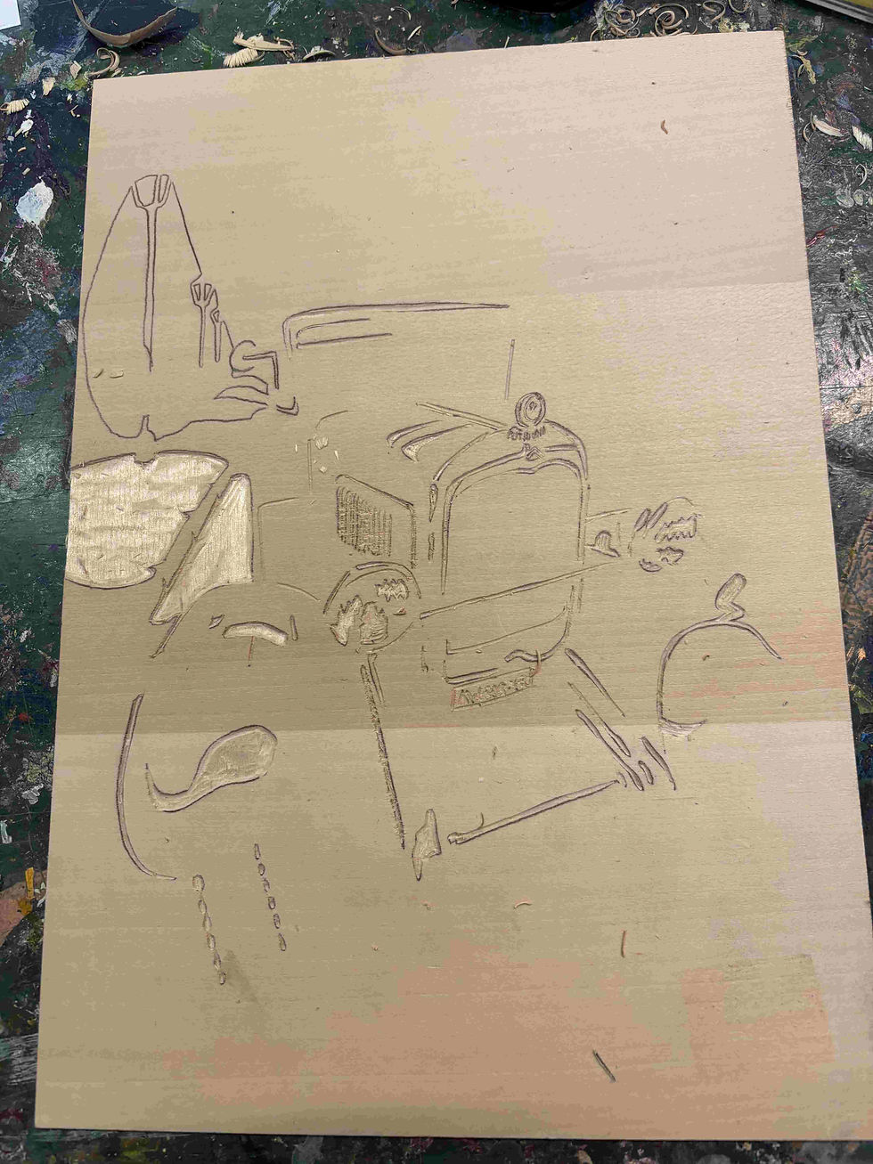 Beginning of the carving of the areas intended to remain white (light reflections and street lamps).