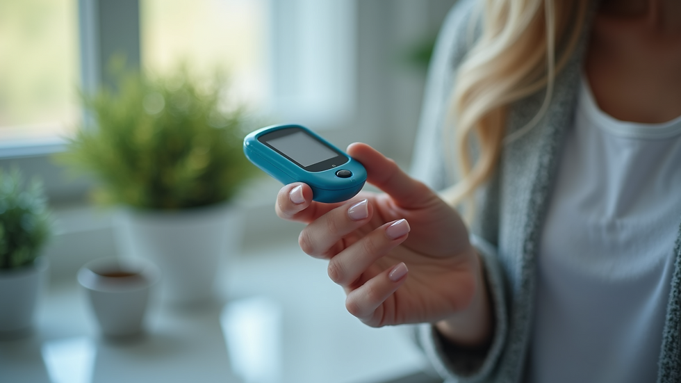 Close-up view of a person checking their blood sugar level with a glucometer