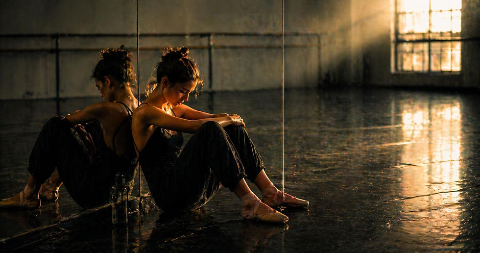 Danseuse assise au sol après un cours, lumière chaude — motivation et fatigue en danse