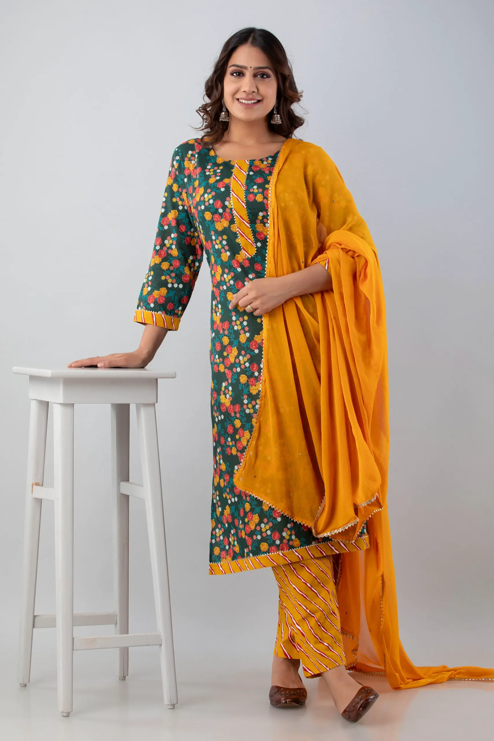 Cotton Printed Bottle Green Kurta Set