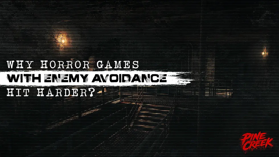 Dark horror game promo with lantern-lit tunnel and text: WHY HORROR GAMES WITH ENEMY AVOIDANCE HIT HARDER? Pine Creek logo