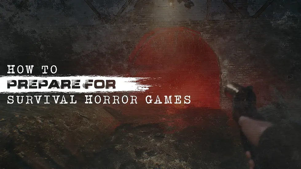Dark horror game title card with red door and flashlight beam: HOW TO PREPARE FOR SURVIVAL HORROR GAMES.