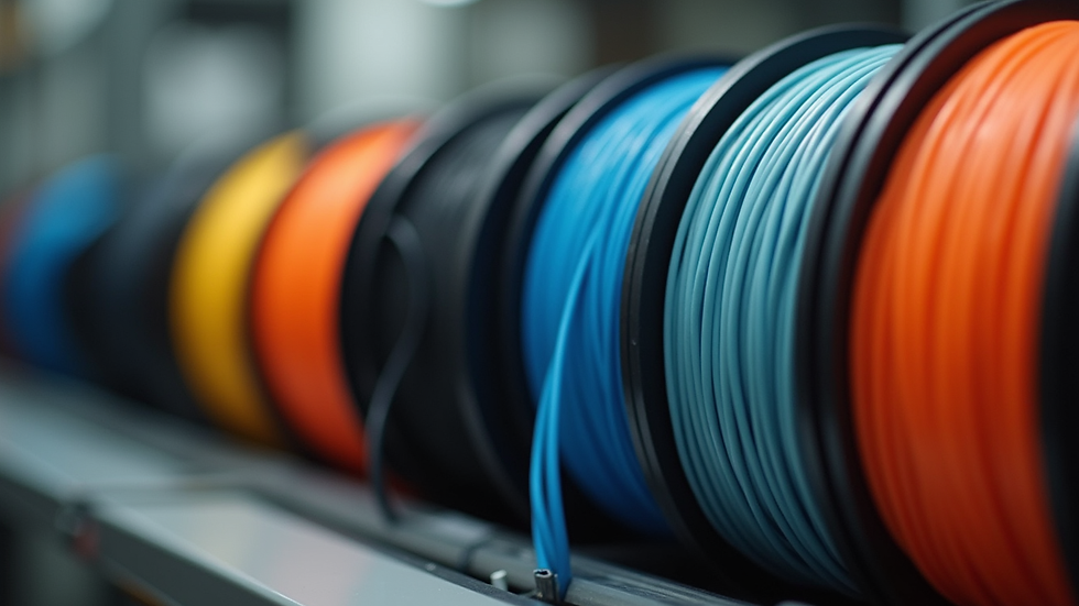 Close-up view of various 3D printing filament spools