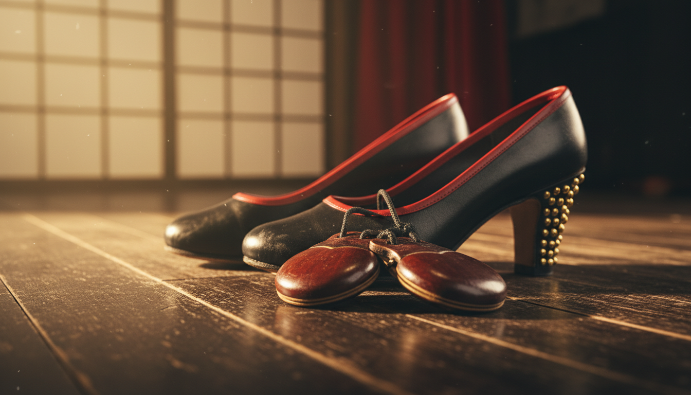 Imagen ilustrativa de zapatos negros de flamenco y castañuelas sobre suelo de madera