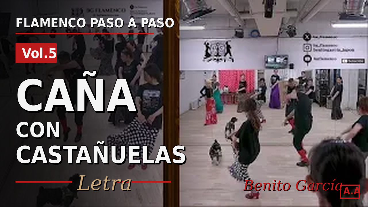 Flamenco Paso a Paso Vol.5 thumbnail: a caña letra with castanets and a class scene.