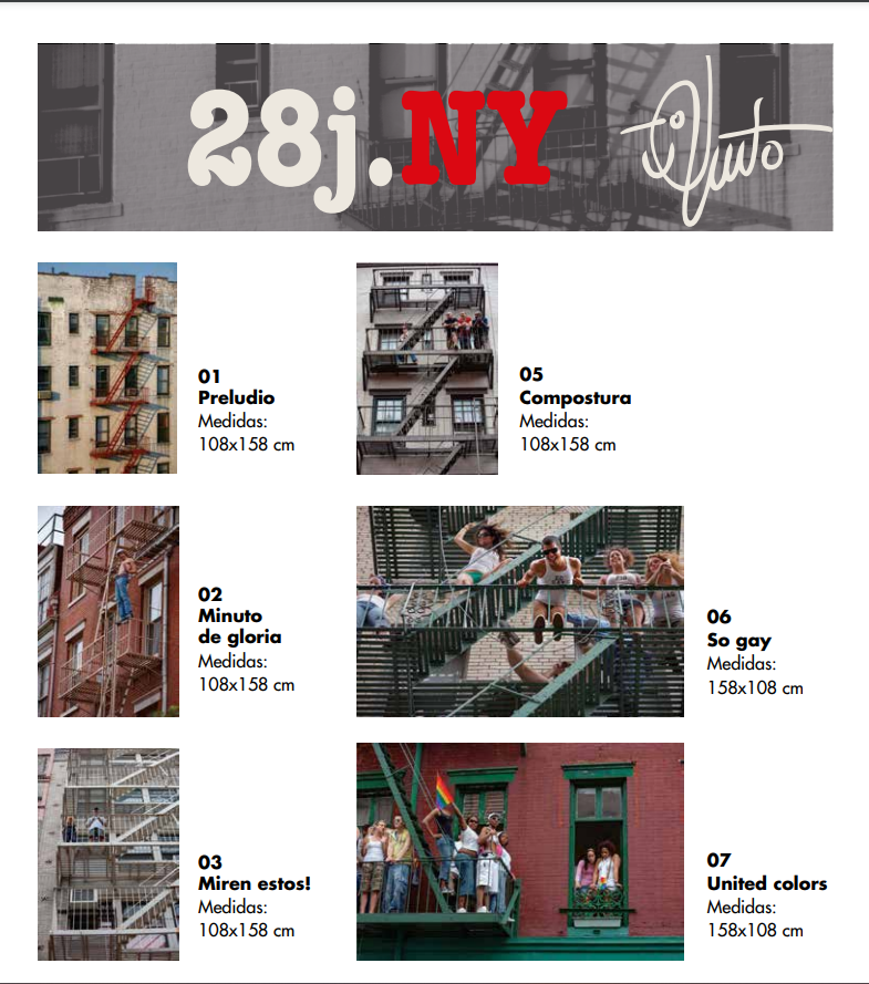 Página del catálogo 28j.NY con fotografías y dimensiones de las obras