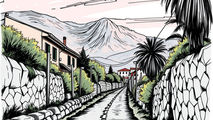 Ilustración de un camino entre muros de piedra, casas y árboles, con una montaña al fondo.