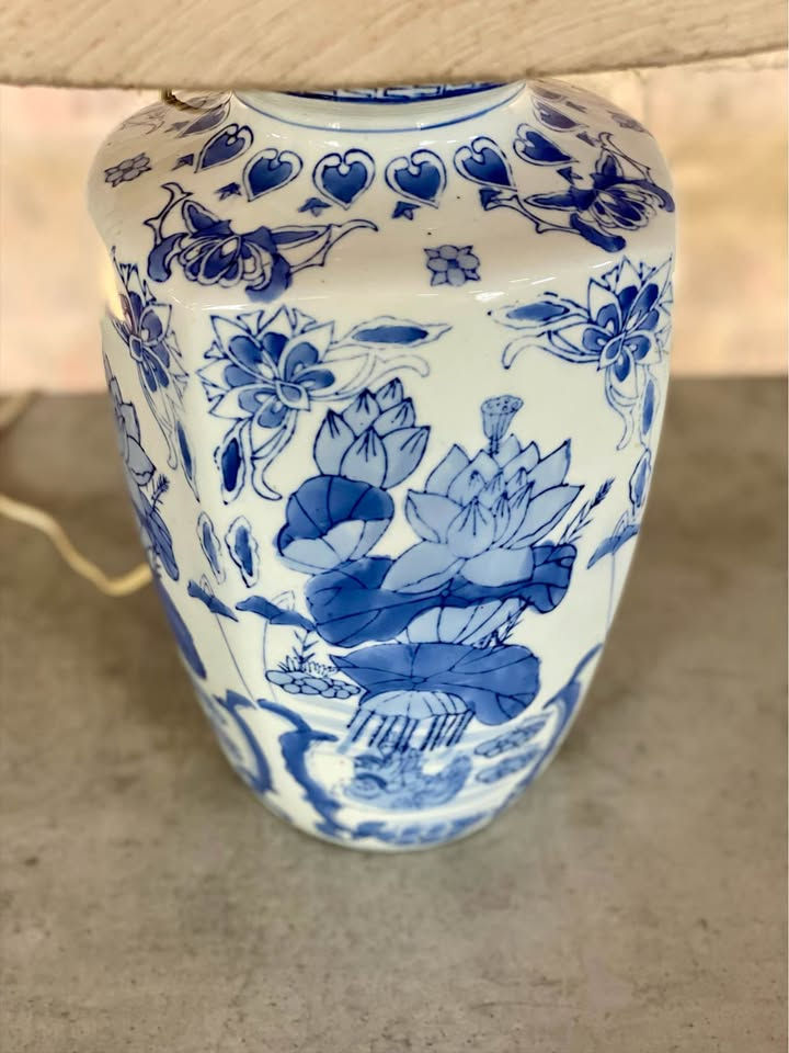 Thumbnail: Blue and White Ceramic Table Lamp with Shade