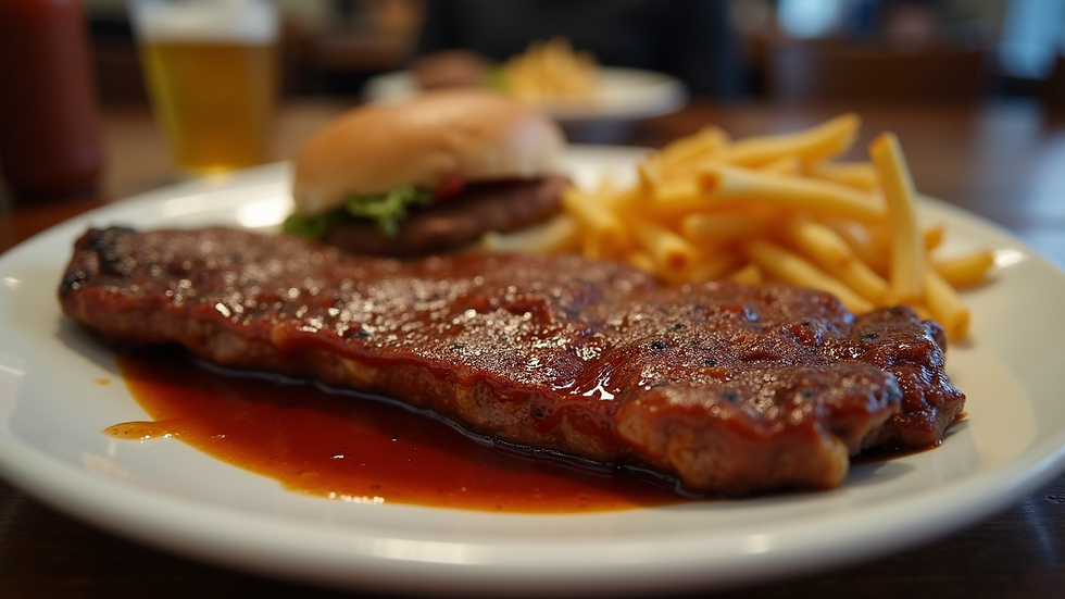 Eye-level view of a mouth-watering plate of Texas-style barbecue