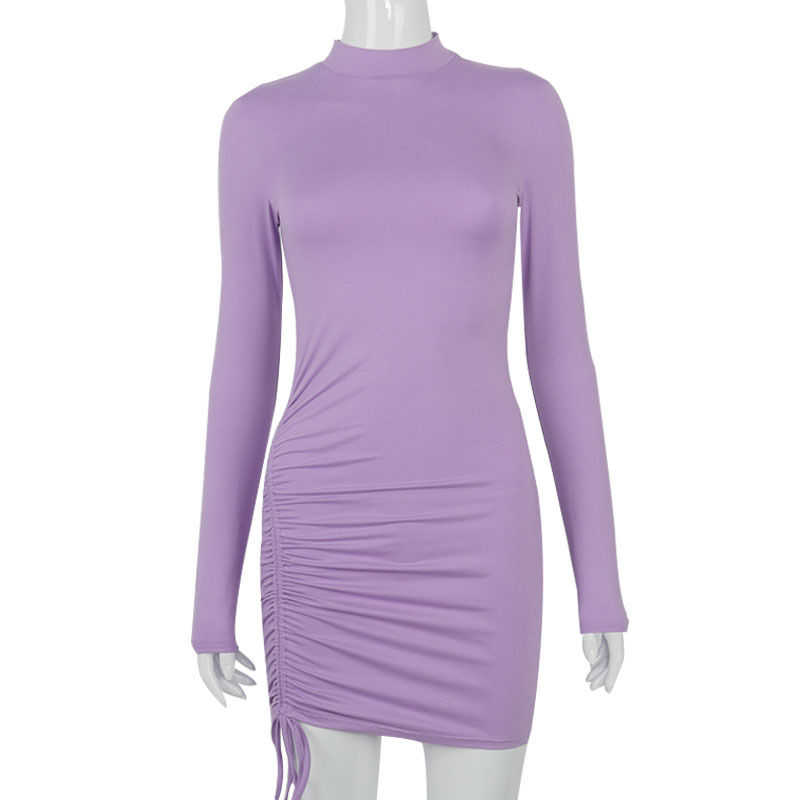 Thumbnail: Long Sleeve Ruched Bodycon Dress Women Turtleneck Bandage Mini Dresses Autumn Bl