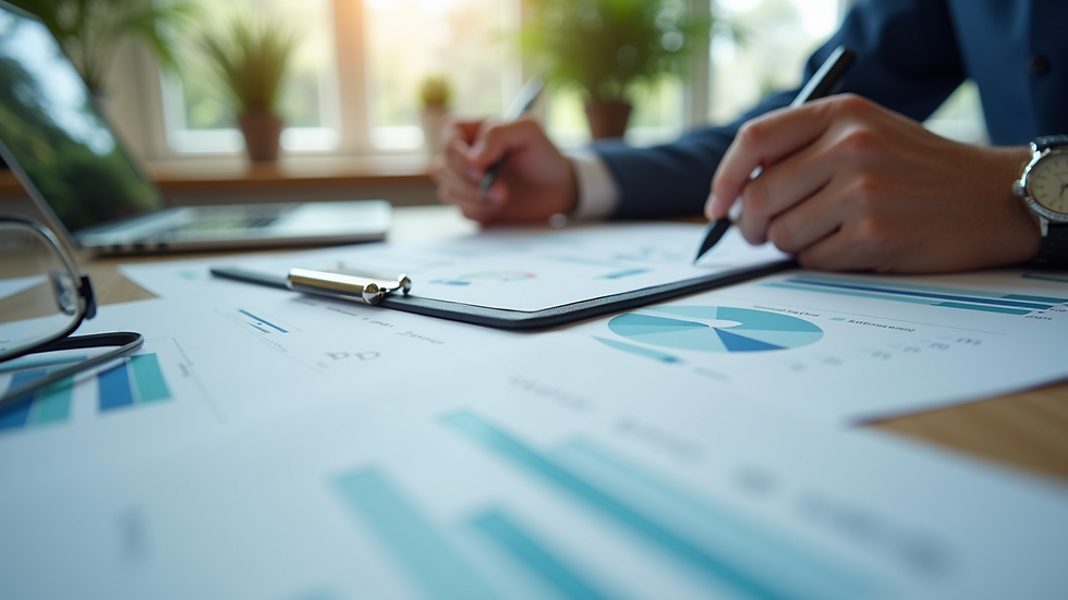 Eye-level view of a financial planner's desk with charts and documents