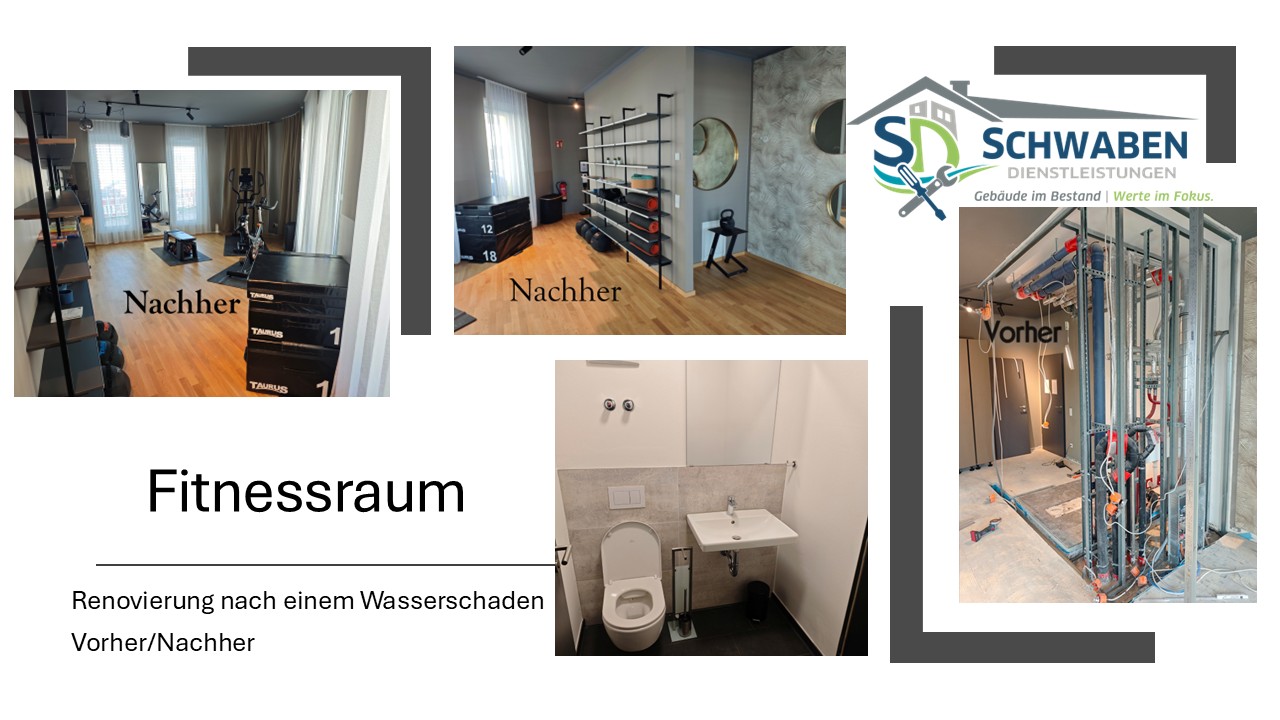 Fitnessraum: Renovierung nach einem Wasserschaden, Vorher und Nachher