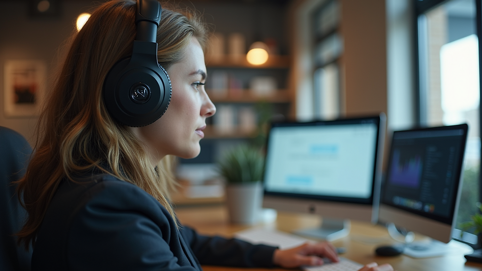Close-up view of a person working with headphones on, enjoying a personalized corporate playlist