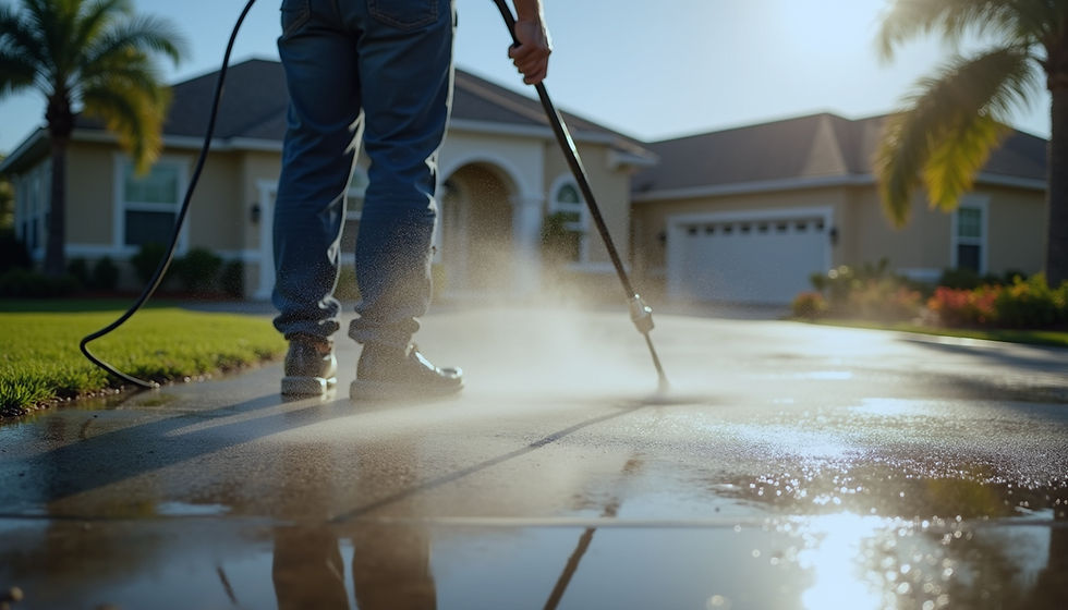 Close-up view of pressure washing a Florida home's driveway