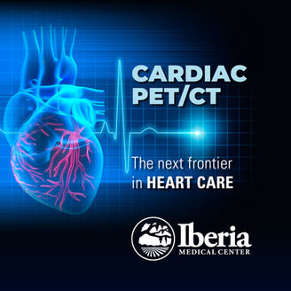 Illustration promoting Cardiac PET/CT imaging at Iberia Medical Center, featuring a glowing anatomical heart, ECG heartbeat line, and the text "Cardiac PET/CT - The next frontier in heart care" on a blue medical-themed background.
