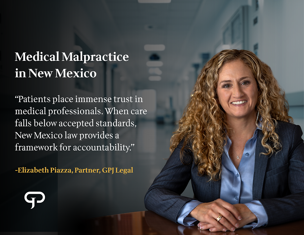 Elizabeth Piazza of GPJ Legal discussing medical malpractice and patient rights in New Mexico against a hospital background