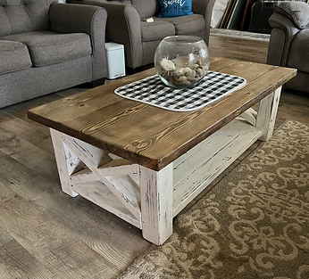 Handcrafted rustic, distressed-style coffee tables by Happy Homes, meticulously built from scratch to add a unique, warm touch to any living space, showcasing our custom woodworking skills.