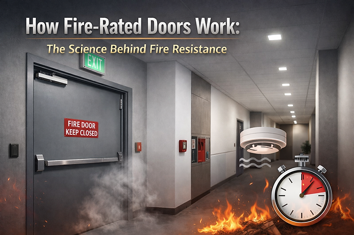Eye-level view of a steel fire rated door installed in a commercial building corridor