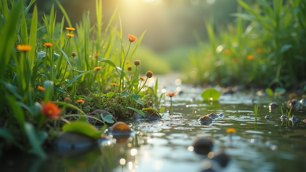 Close-up view of a vibrant wetland ecosystem with diverse plants and water