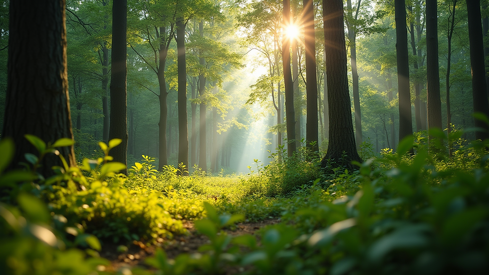 Eye-level view of a lush forest with sunlight filtering through the trees