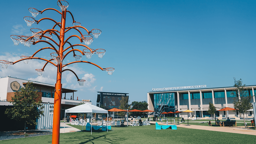 Outdoor plaza with unique basketball hoop tree art installation