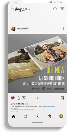 Instagram-Beitrag von Samuel Harfst mit seinem neuen Album 'Im Namen der Liebe'. Das Albumcover und die CD sind abgebildet.