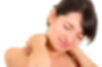 Woman in a red top clutching her neck with closed eyes, expressing pain. Plain white background.