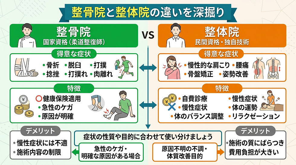 整骨院と整体院の違いを比較する日本語インフォグラフィック。緑の整骨院とオレンジの整体院を対比し、症状・特徴・デメリットを図解している。