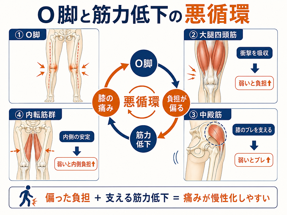 O脚と筋力低下の悪循環を説明する図。膝の痛み、太腿四頭筋・中殿筋・内転筋群の図と矢印、弱いと負担増の文字。