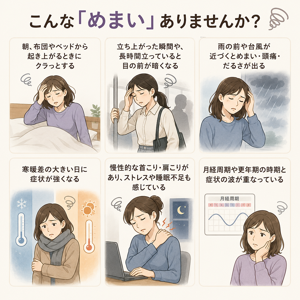 「めまい」についての6コマ図。朝の起床や立ち上がり、雨前、寒暖差、肩こり、月経周期で不調になる女性のイラストと説明文。