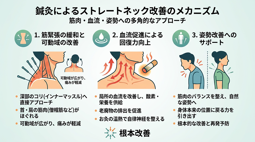 鍼灸によるストレートネック改善メカニズムを説明する図。筋緊張緩和や血流促進、姿勢改善を図解で紹介。文字情報多数。