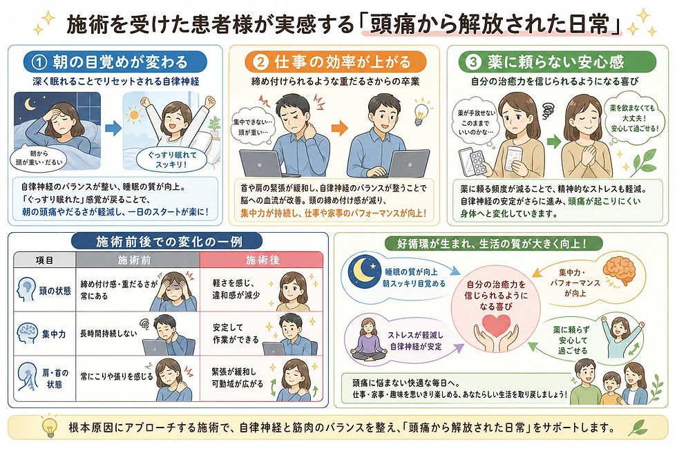 施術の効果を示すイラスト。3つの場面で、快眠や仕事効率の向上、薬に頼らない安心感が描かれている。柔らかい色調。