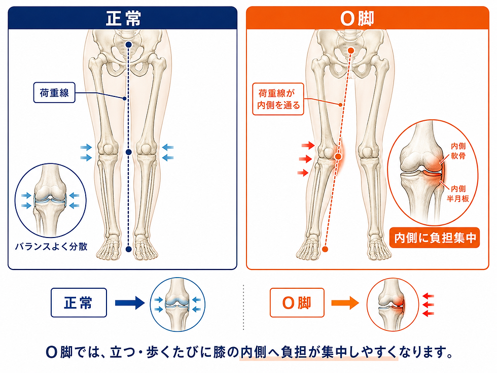 正常とO脚の脚の比較図。青は荷重線が中央、橙は荷重線が内側へ寄り、膝内側の軟骨・半月板に負担集中を示す。