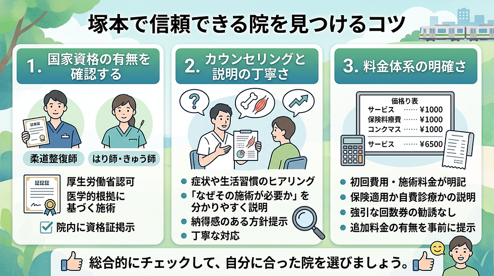 塚本で信頼できる院を見つけるコツの図。資格確認、丁寧なカウンセリング、料金明確さを3項目で説明。 train и icons.