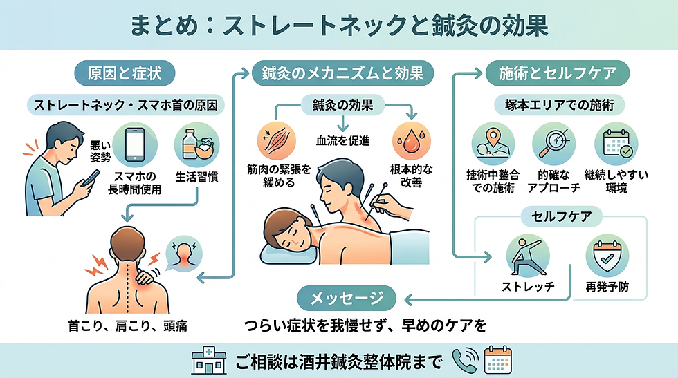 ストレートネックの原因と鍼灸の効果を説明する図。スマホ使用や悪い姿勢が原因で首こり。鍼灸で筋肉緩和や血流促進。