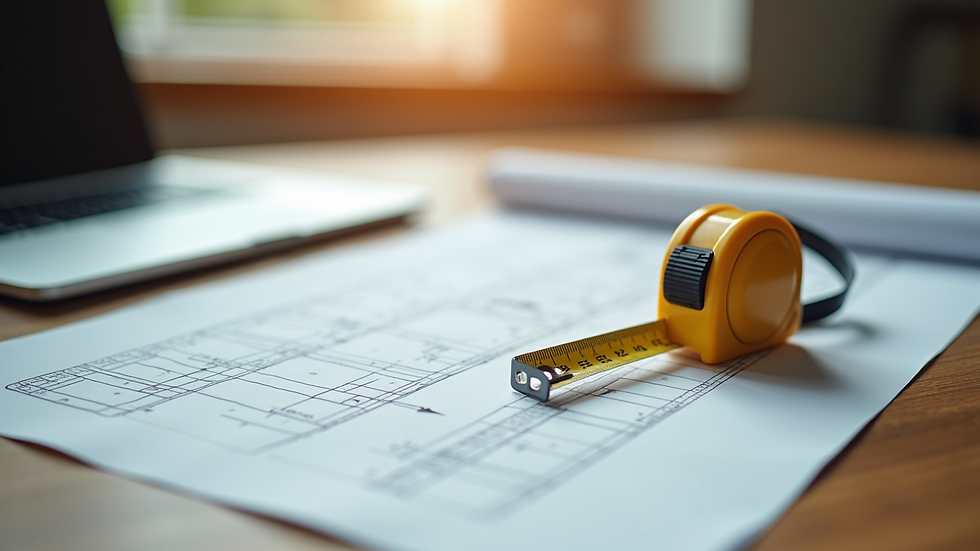 Eye-level view of a blueprint and measuring tape on a wooden table